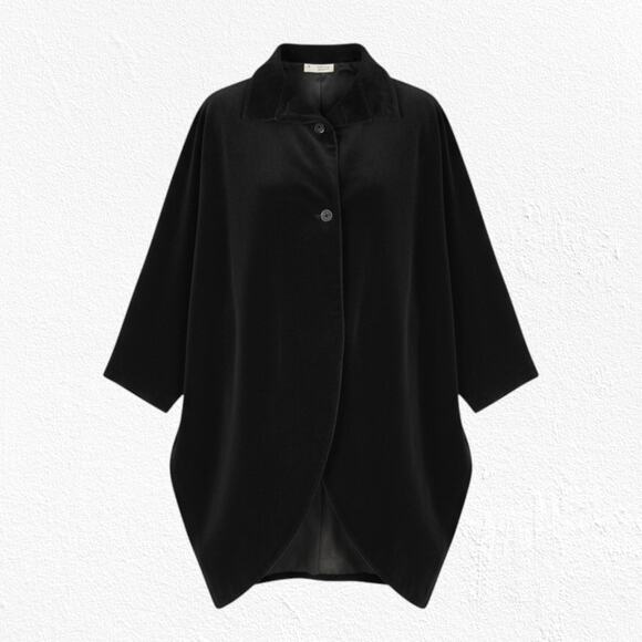 1970s Black Velvet Edwardian Cape Coat Dramatic High Low Smooth Gothic Overcoat - Picture 8 of 8